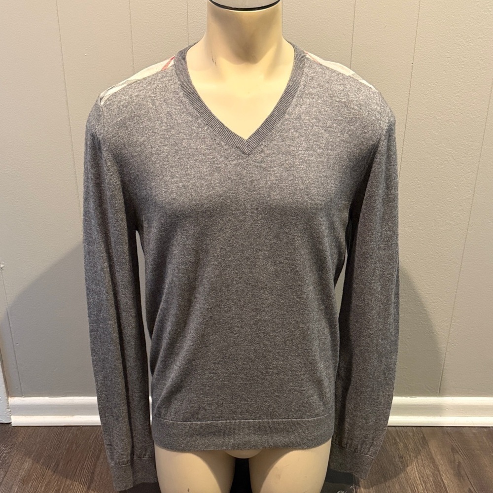 Burberry Brit Men's Gray Plaid Shoulder V-Neck Sweater
